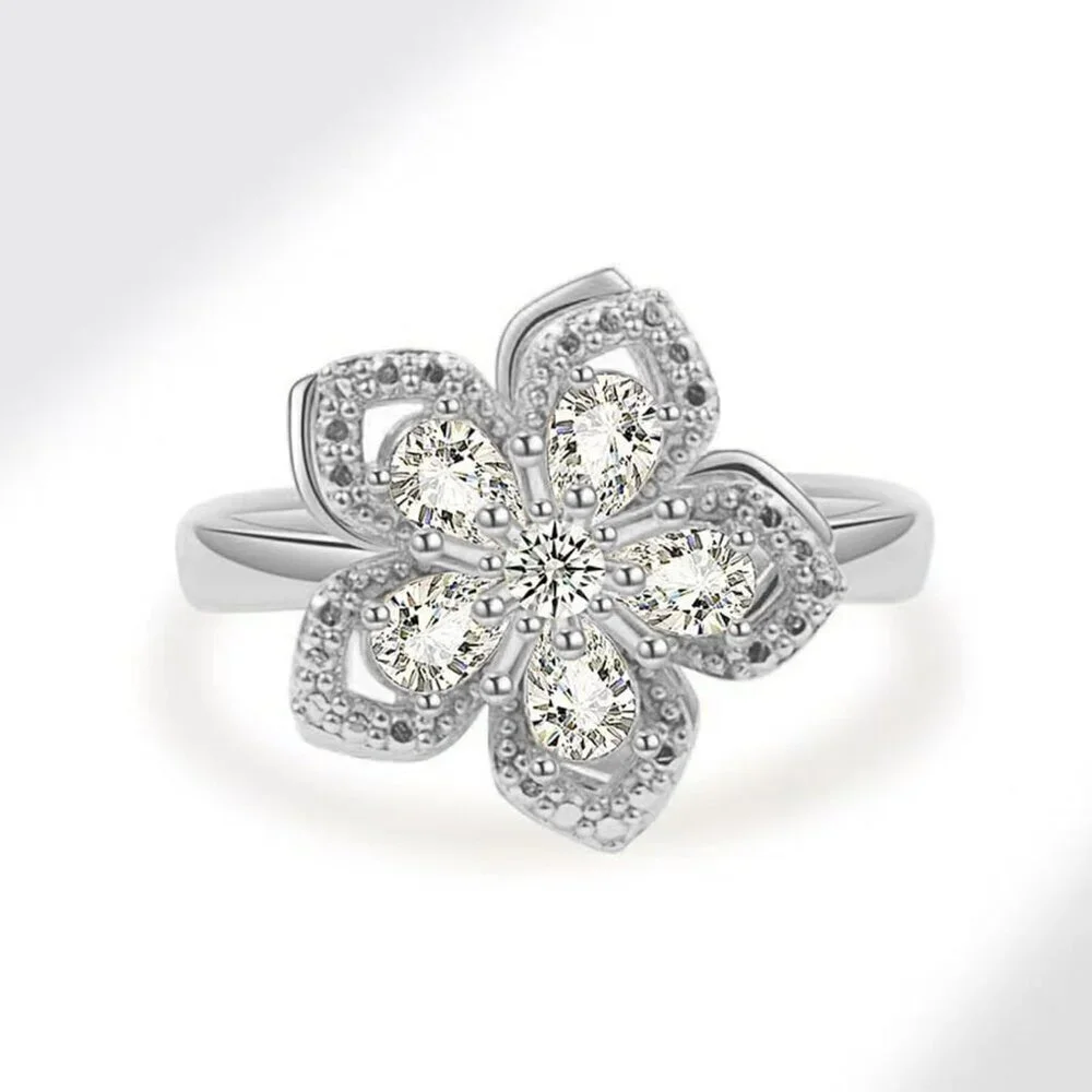 Women Flower Fidget Silver White Set2 Necklace Rotatable Crystal Blossom Pendant